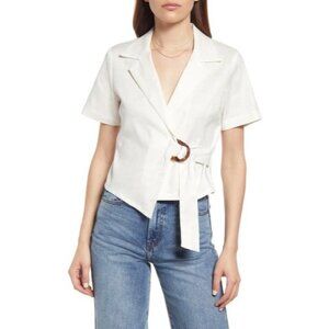Rails April Creme Short-Sleeve Linen Blend Wrap Blouse With Tie Detail - S